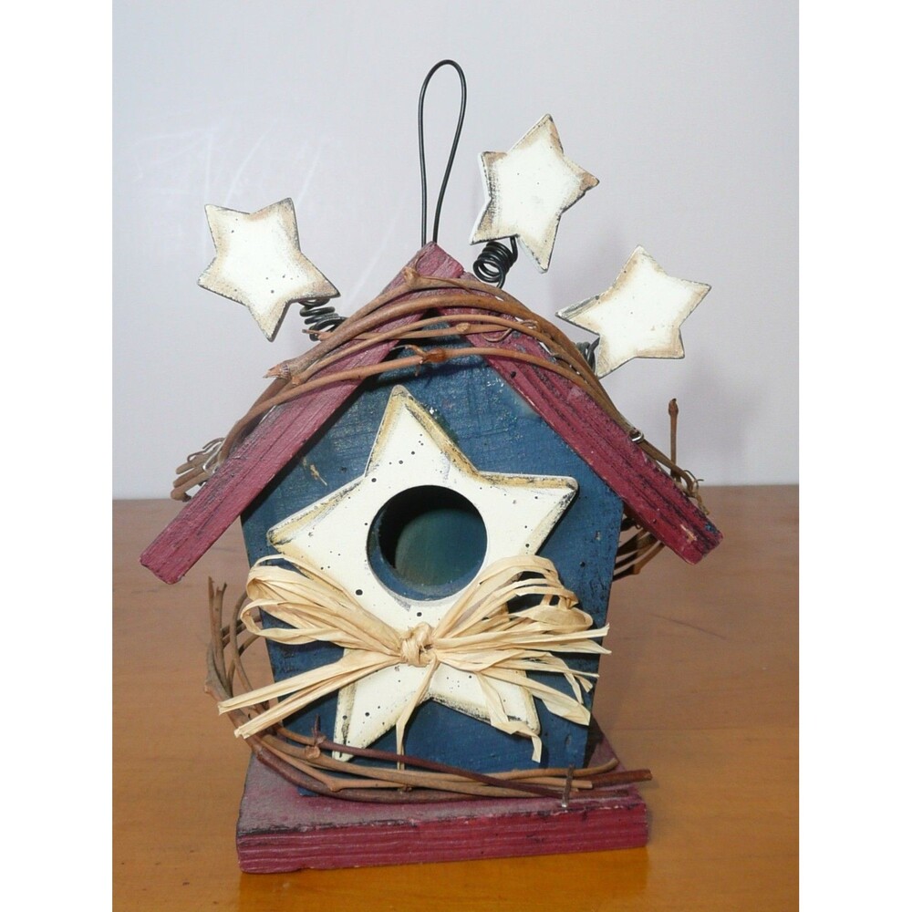 Patriotic Bird House, Small Wooden Primitive Folk Art Ornament Red White Blue 5"